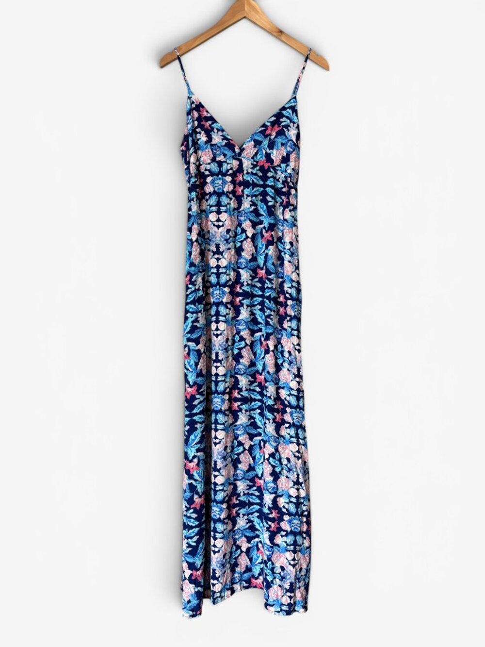 Forever 21 Abstract Floral Cami Maxi Dress Cobalt Blue Pink Womens Small Boho
